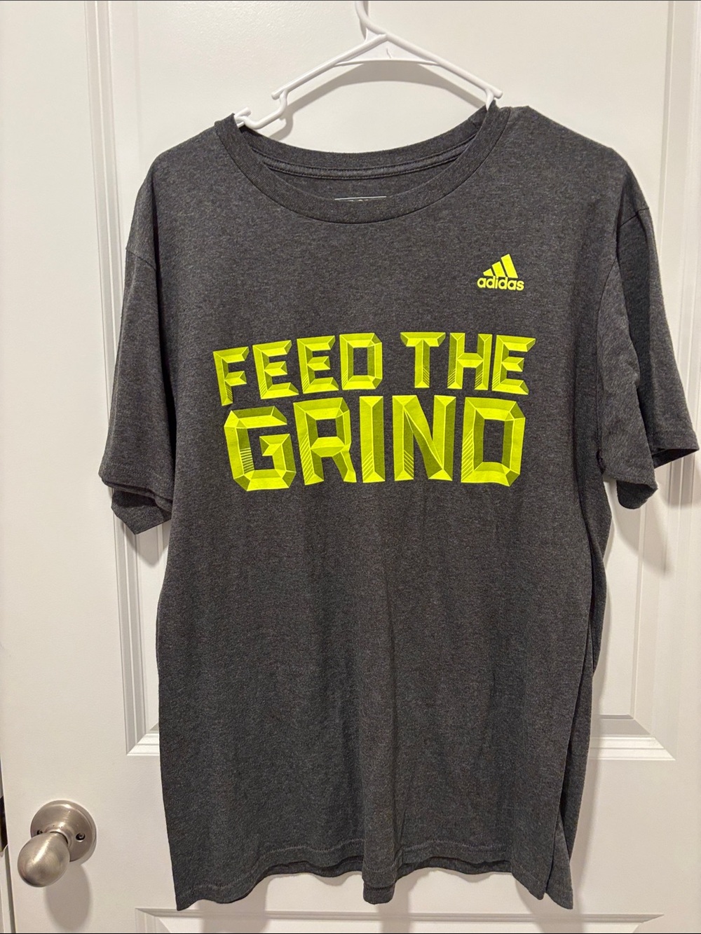 adidas Charcoal T-Shirt with Neon Yellow 'Feed The Grind' Graphic
